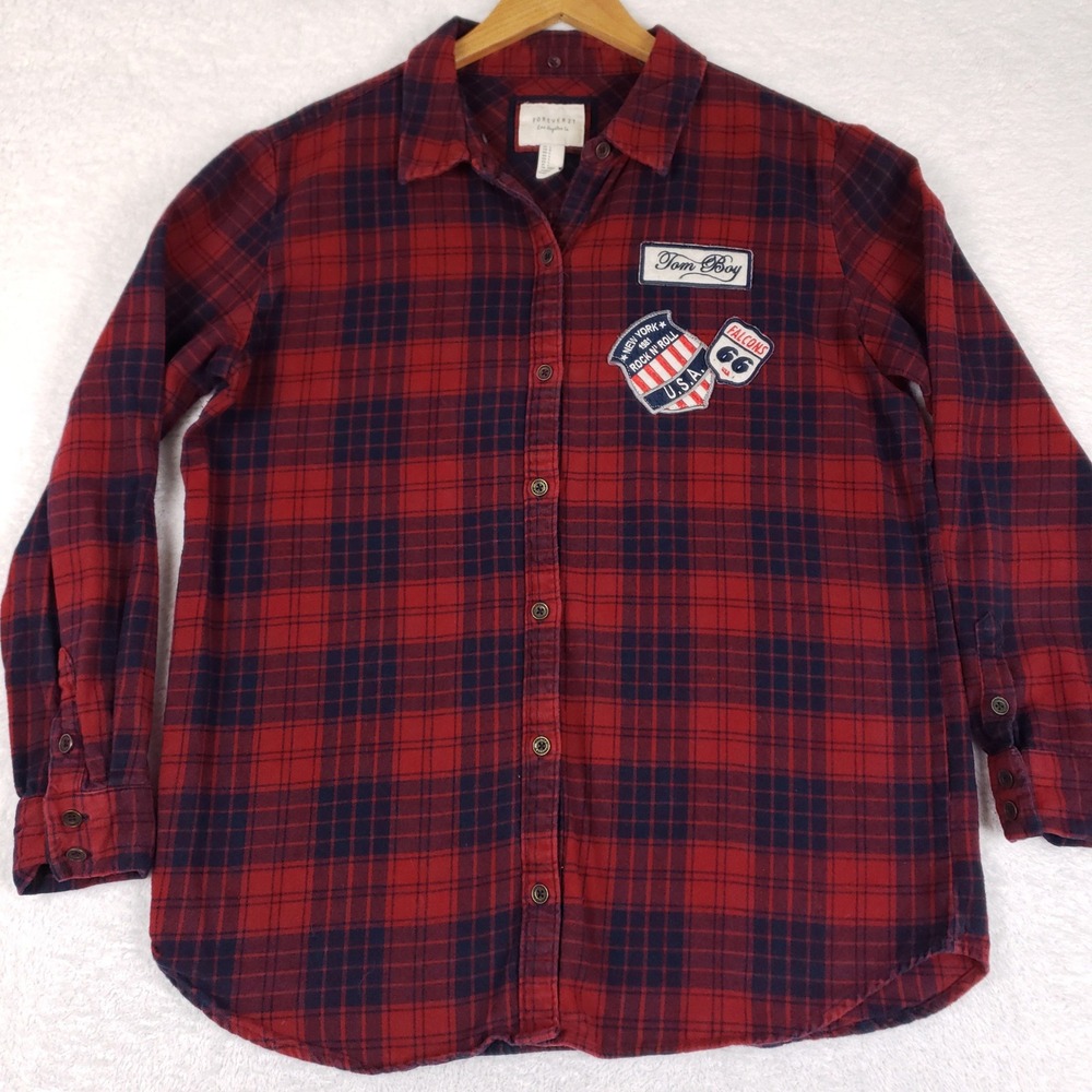 Forever 21 Red Navy Plaid Flannel Shirt Patches Tom Boy Rock N Roll Large